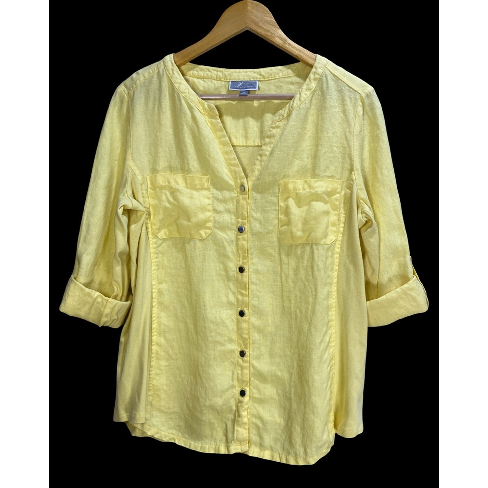 Womens Yellow Linen Cotton Mix Roll Tab Sleeve Button Down Blouse Top 12 casual